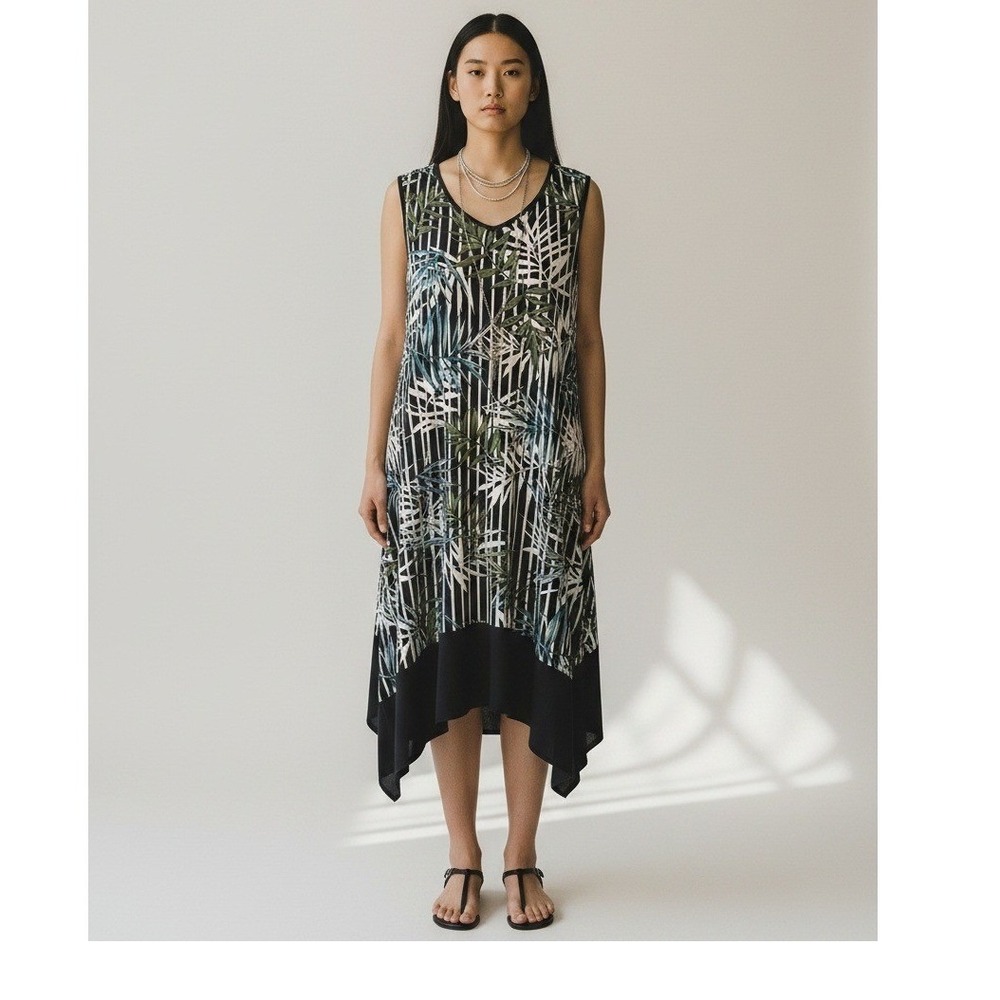 Tacera Womens 1X Tropical Palm Print Sharkbite Hem Dress‎ with Necklace Black XL